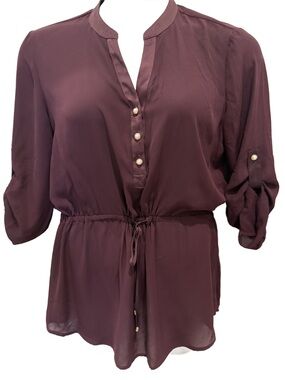 Ivanka Trump Plum Drawstring Button-Front Blouse. Large